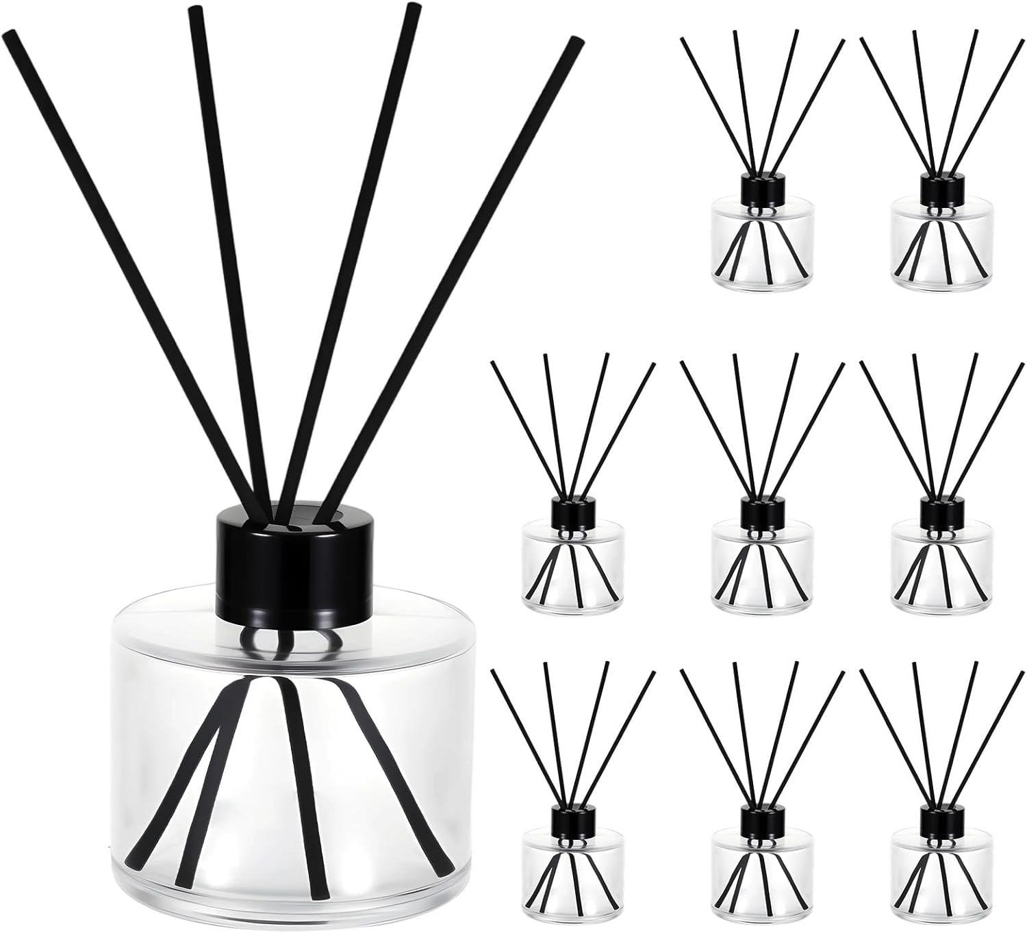 8 PCS Fragrance Glass Diffuser Bottles, Refillable Diffuser Bottles with 40 Pcs Reeds Sticks, Black Caps, Diffuser Jars for Living Room Home Replacement Fragrance DIY Decor, 100ML