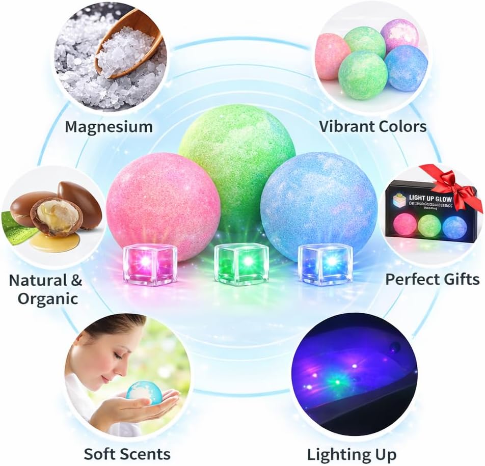 Light Up Glow Bath Bombs with Surprise Inside – Large 3-Pack Gift Set with Essential Oils & Relaxing, Skin-Moisturizing Spa Gifts for Women