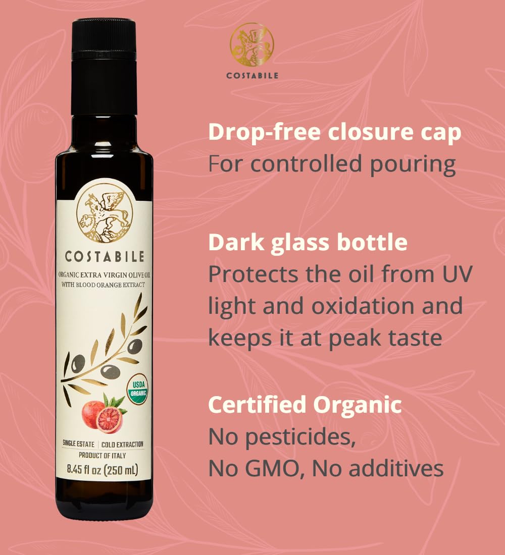 Blood Orange Olive Oil Organic - Ideal for Baking and Flavorful Dressings. Natural Blood Orange Infused Olive Oil Extra Virgin from Puglia, Italy