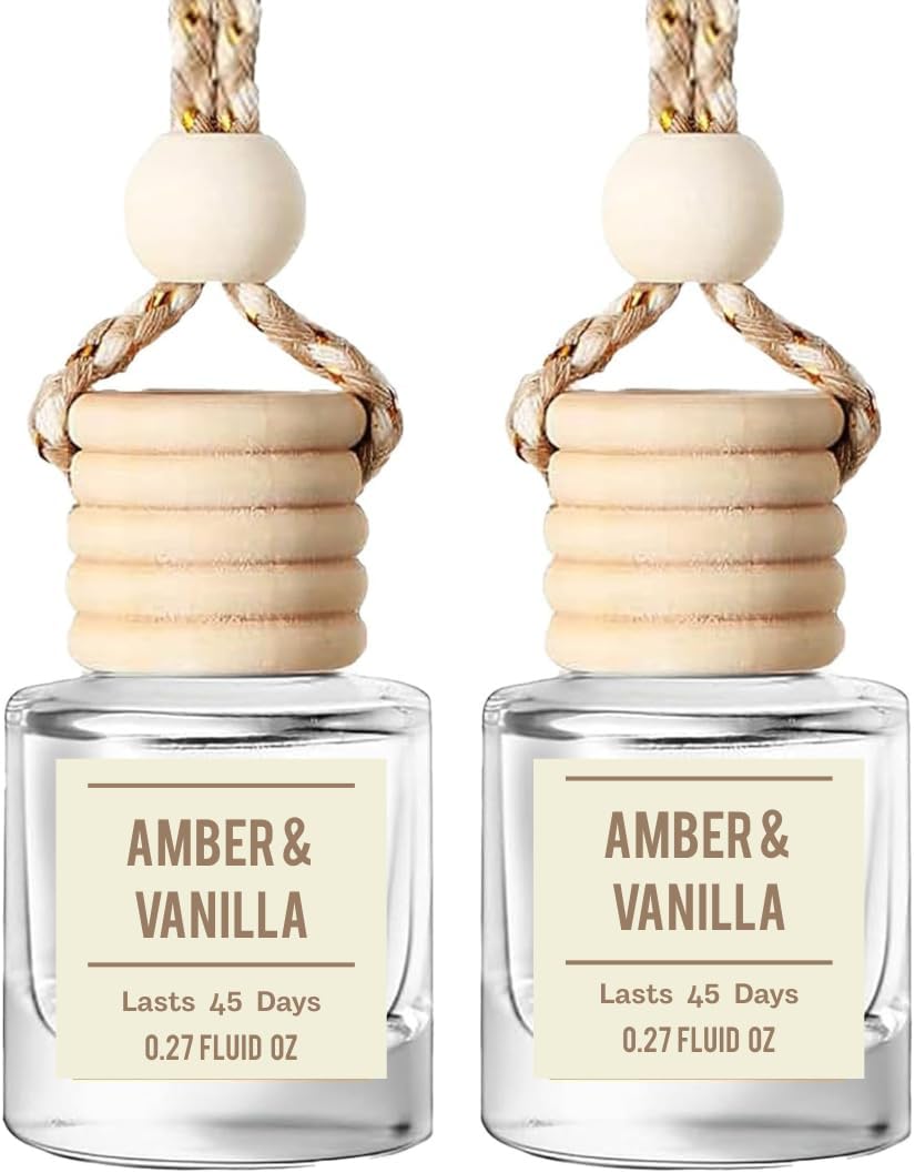 Amber & Vanilla Hanging Car Air Freshener – Long Lasting Essential Oil Diffuser for Car, Closet, Bathroom – 2-Pack Natural Scent Deodorizer