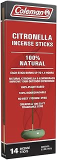 Coleman Citronella Incense Sticks, DEET Free with Natural Citronella and Lemongrass, 100% Plant Based, 100% Biodegradable, Up To 1.5h Burn Time per Stick, 14 Sticks
