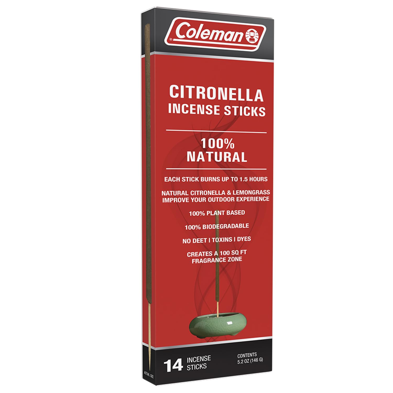 Coleman Citronella Incense Sticks, DEET Free with Natural Citronella and Lemongrass, 100% Plant Based, 100% Biodegradable, Up To 1.5h Burn Time per Stick, 14 Sticks