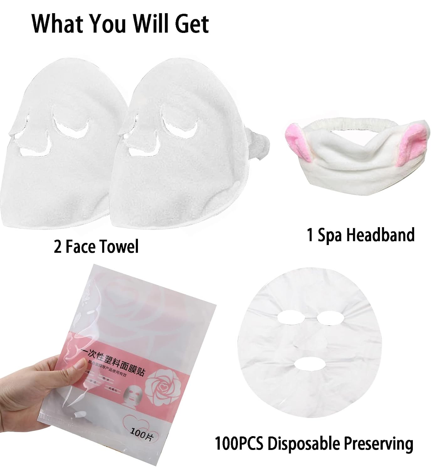 2 Pack Reusable Hot Cold Face Towel Mask for Skincare, Facial Masks Steamer Facial Kits for Women Girls Estheticians Skin Care, 100 PCS Disposable Preserving, 1 Spa Headband