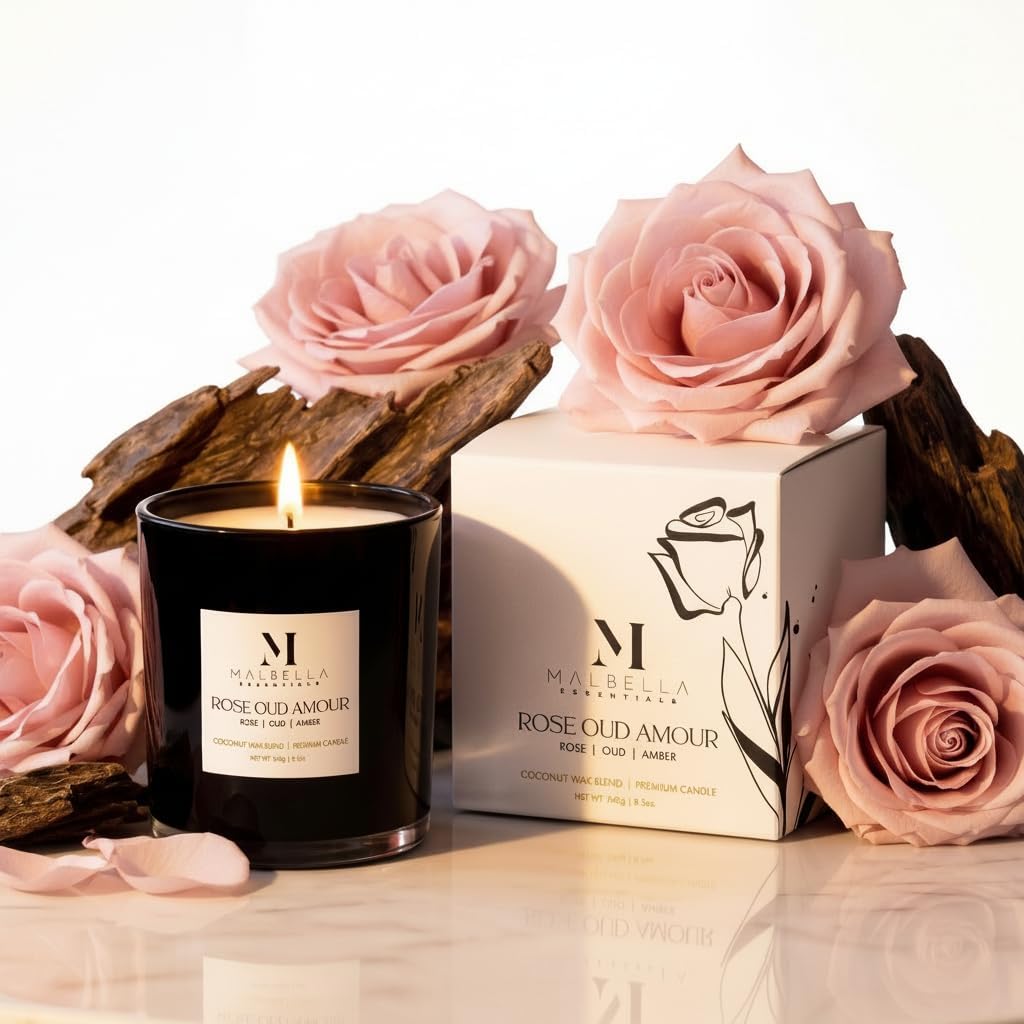 Rose Oud Amour Luxury Scented Candle for Women & Men | 8.5 oz Hand-Poured Coconut Wax Blend | Modern Self-Care Aromatherapy Candle | 50 Hr Burn | Gift-Ready Glossy Glass Vessel