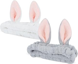 YISSION Cute Bunny Ear Spa Headband for Women and Girls - Soft Plush Makeup Headband for Face Washing, Skincare, Shower, Easter Party Favors (2 Pack, White & Gray)