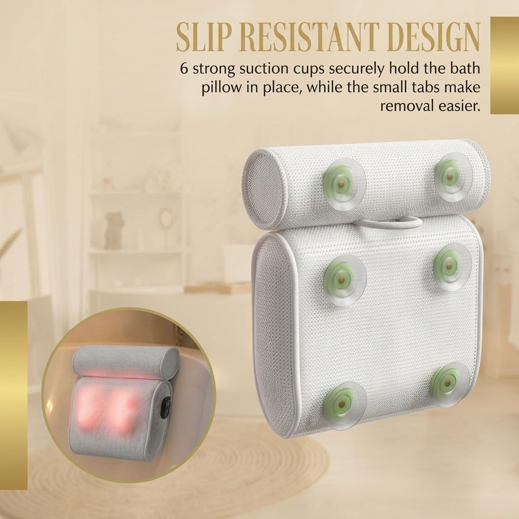 MONET Massaging Bath Pillow — Shiatsu Neck and Back Massager for Tub with 2 Speeds — IPX8 Waterproof Deep Kneading Comfort — 4 Massage Nodes USB-C Rechargeable — Spa Gift for Women — Fits All Tubs
