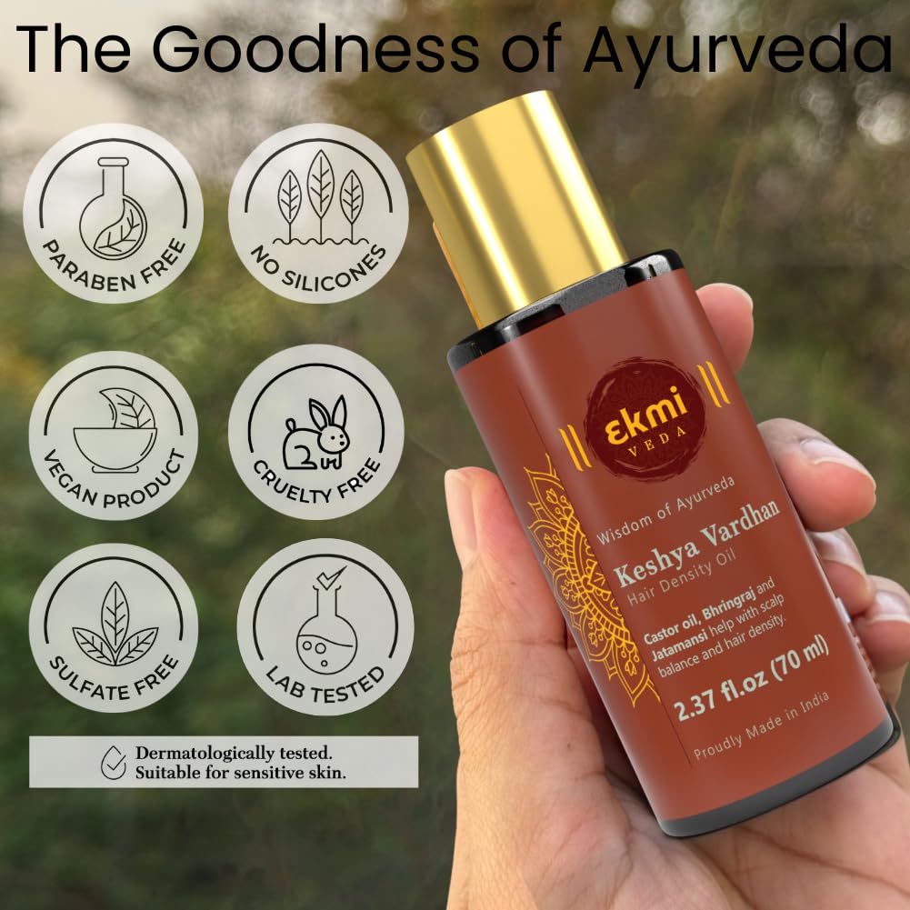 Ayurvedic Castor & Rosemary Oil For Hair Density With Bhringraj, Coconut, Amla, Argan, Brahmi. DHT Blocker. Hair Loss Treatment For Women & Men, 2.37 Fl Oz