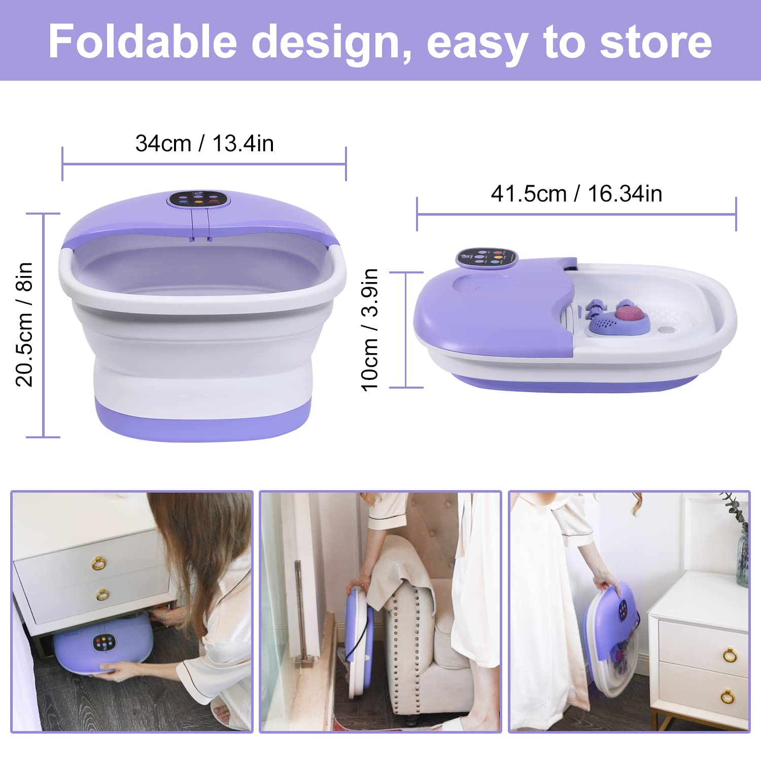 Foot Spa Bath Massager with Heat Bubbles and Vibration Massage and Jets, 16OZ Tea Tree Oil Foot Soak Epsom Salt, Collapsible Foot Bath Spa Bucket with Infrared Light & Remote Control - Purple