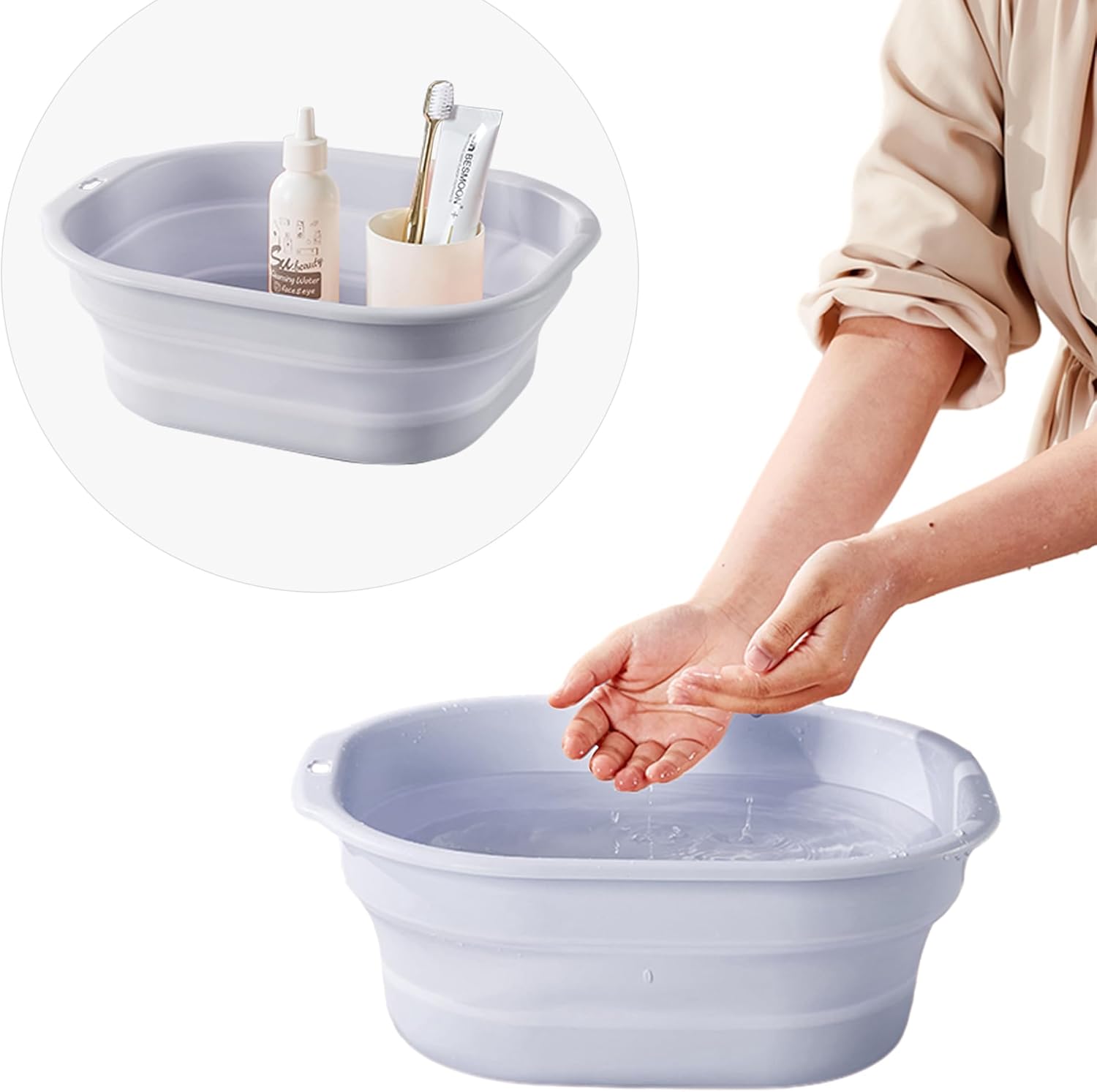 Collapsible Wash Basin Set of 2, Foldable Small Medium Size Wash Basin, Portable Plastic Basins for Laundry, Bottles, Travel, Camping (Light Blue)