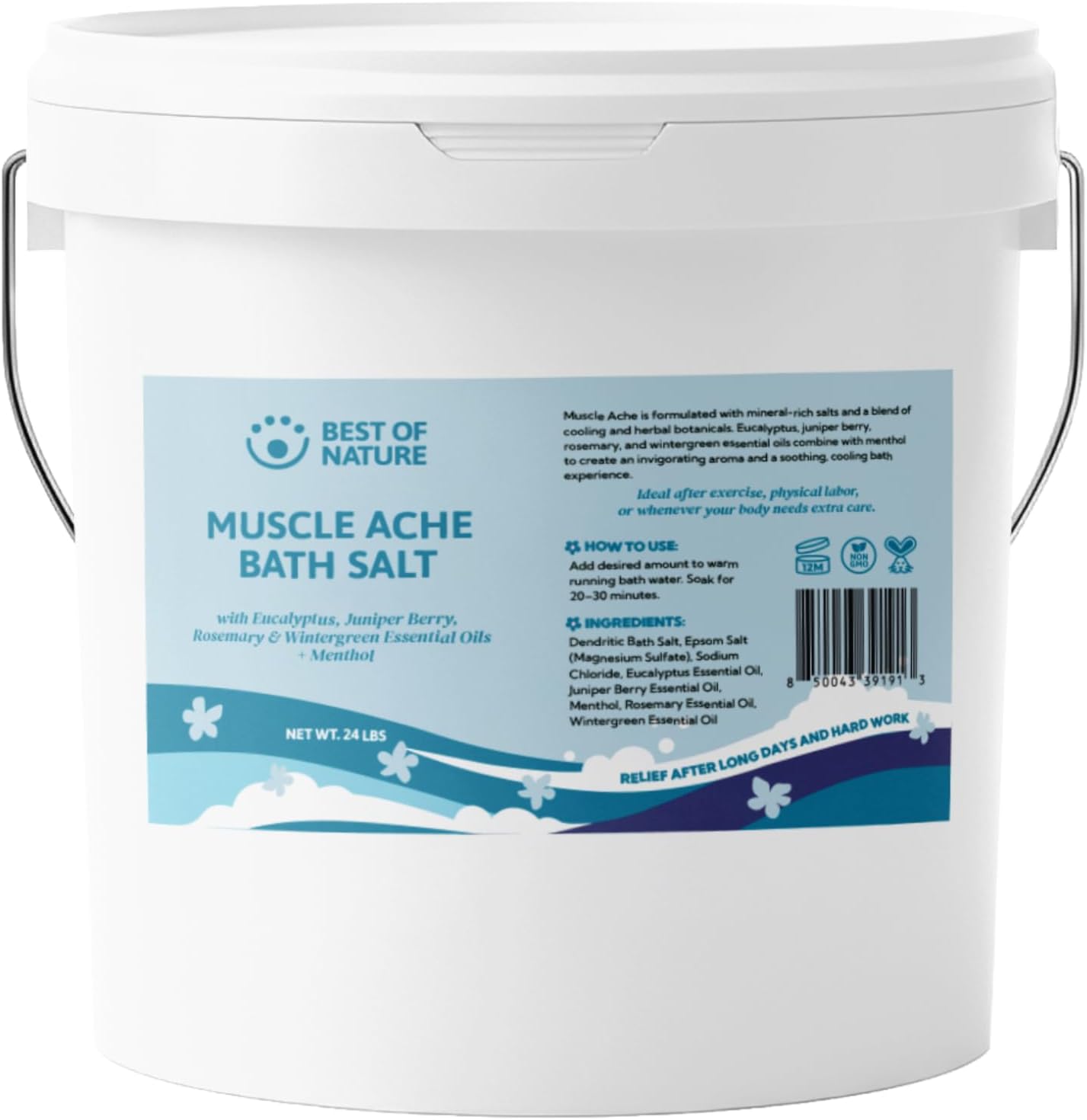 Best of Nature Muscle Ache Epsom Salt Bath Soak with Eucalyptus, Rosemary, Wintergreen & Menthol, Mineral-Rich Bath Salts, Bulk Pail, 24 lb