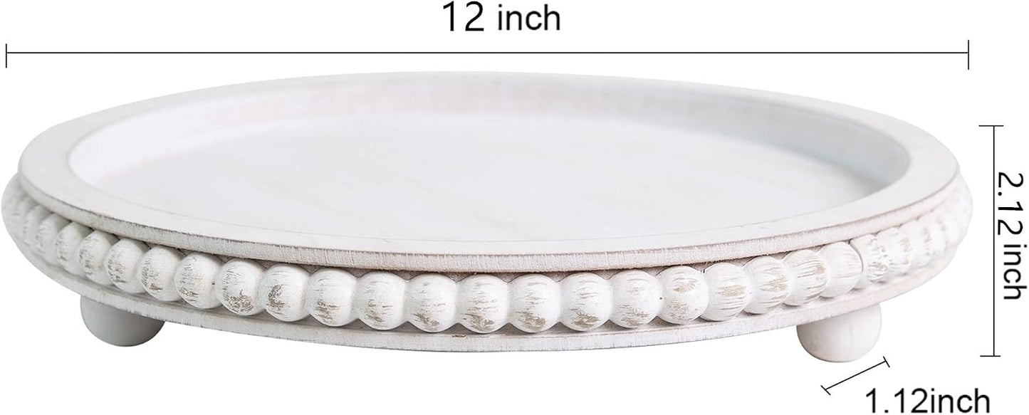 HPC Decor 12in Round Wood Tray - White, Distressed, Farmhouse Rustic - Decorative Tray for Living Room, Coffee Table, Kitchen Table or Farmhouse Serving Tray