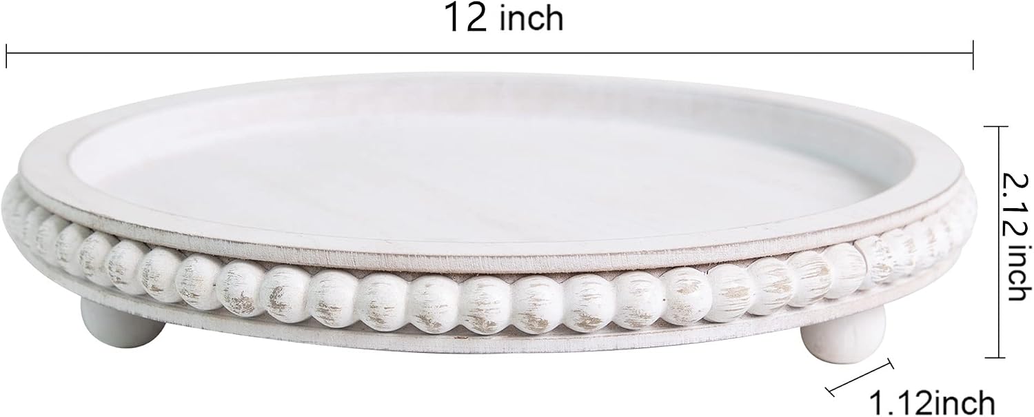 HPC Decor 12in Round Wood Tray - White, Distressed, Farmhouse Rustic - Decorative Tray for Living Room, Coffee Table, Kitchen Table or Farmhouse Serving Tray