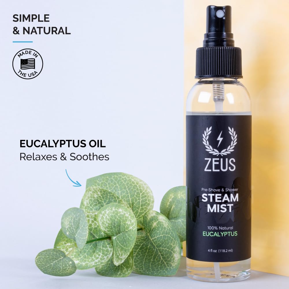 ZEUS Eucalyptus Steam Mist, Natural Aromatherapy Shower Spray (4 oz) | Created to Ease Congestion, Boost Clarity, Prep Skin for Grooming & Elevate Bath with Pure Eucalyptus Oil (Made in USA)