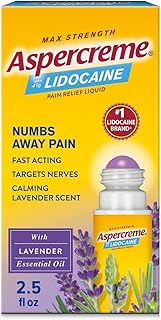 Aspercreme Essential Oils Lidocaine Pain Relief with No-Mess Roll-On Applicator, Max-Strength Lidocaine Numbs Away Nerve Pain, Moisturizing Aloe Hydrates Skin, Lavender, 2.5 Oz.