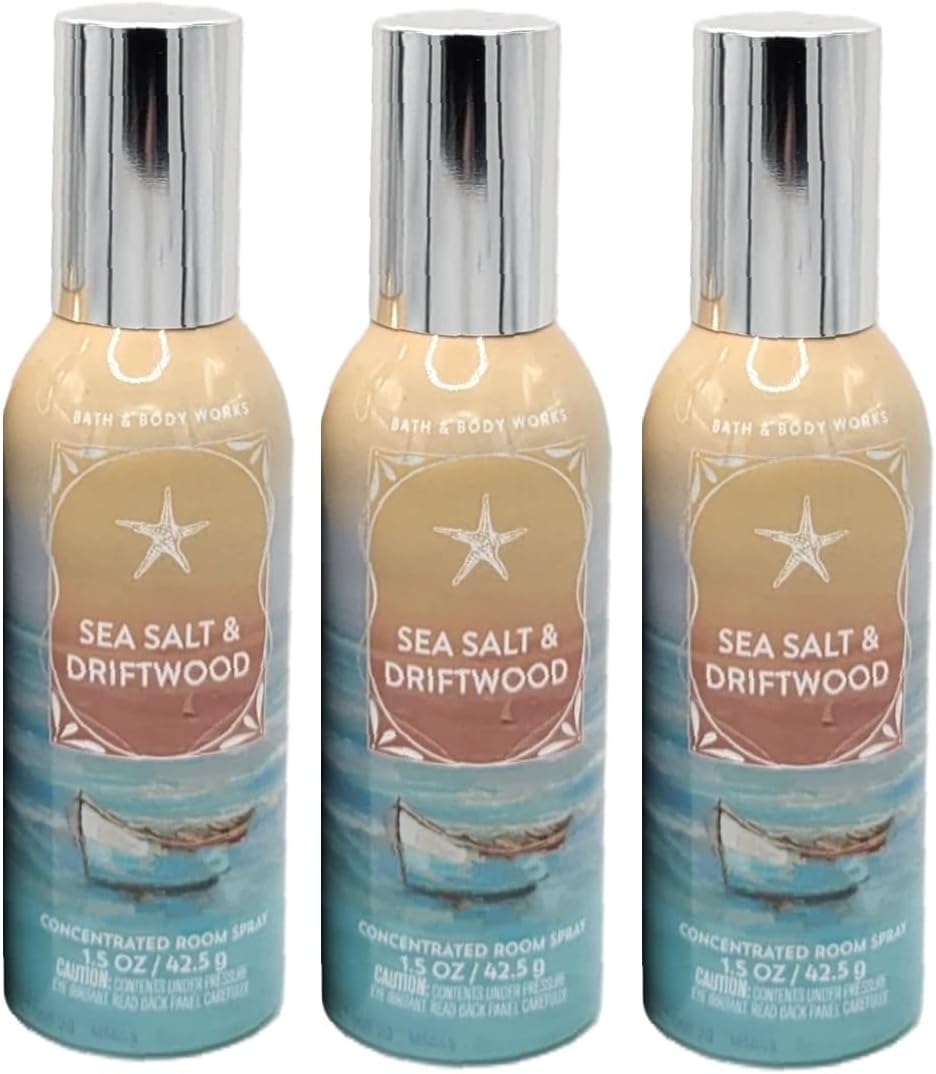 Bath and Body Works Concentrated Room Spray 1.5 oz each - Pack of 3 - Packaging May Vary (Sea Salt and Driftwood)