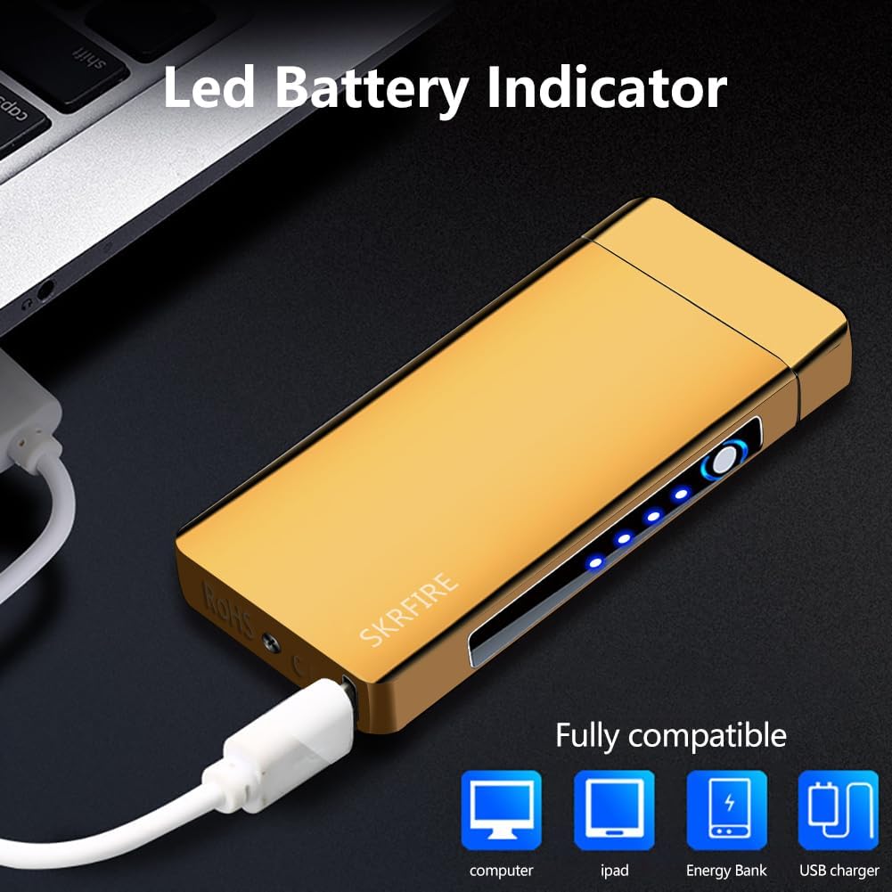 SKRFIRE Electric Rechargeable Candle lighters Cool Plasma lighters USB Rechargeable Plasma Arc Gold Lighter for Candles, BBQ, Fireworks (Gold)