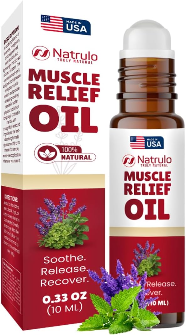 Muscle Relief Oil Roll-On – Cooling Essential Oil Roll On for Tired Joints, Muscles, Neck, Back, Shoulders & Feet – Peppermint, Lavender & Marjoram Massage Oil – Post Workout Muscle Rub – Made in USA