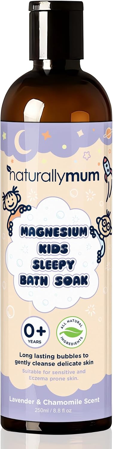NaturallyMum Kids Magnesium Sleepy Bath Soak - Bubble Bath - All-Natural & Calming - Suitable for Newborns with Dry & Sensitive Skin - Lavender & Chamomile Essential Oils – Made in UK - 8.8fl oz