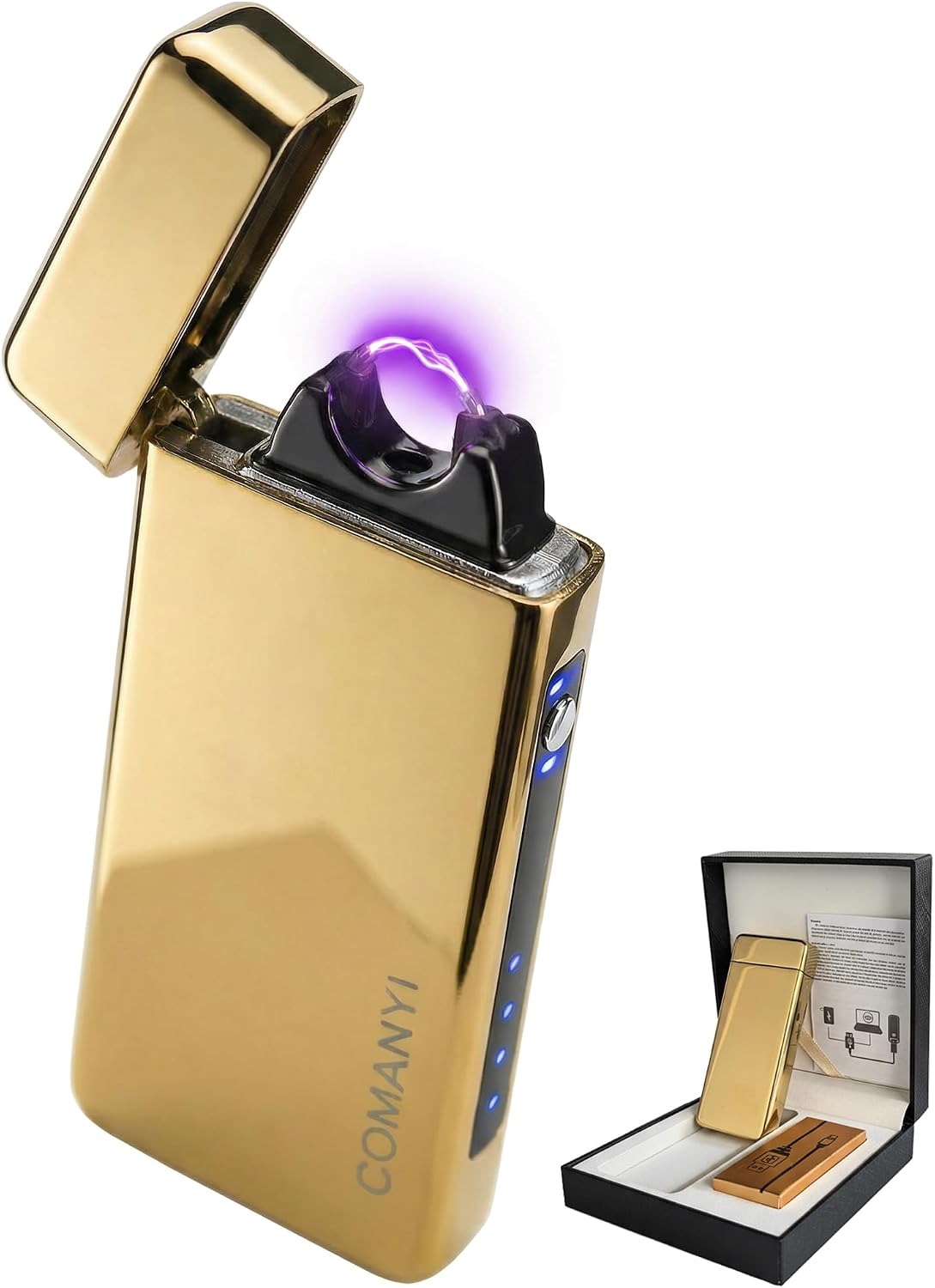 Electric Lighter USB Rechargeable Plasma Lighter, with Windproof High Power Arc Mirror-Polished Metal Ice Touch Surface, with Gift Box, for Outdoor Travel Grill BBQ Candle (Gold)