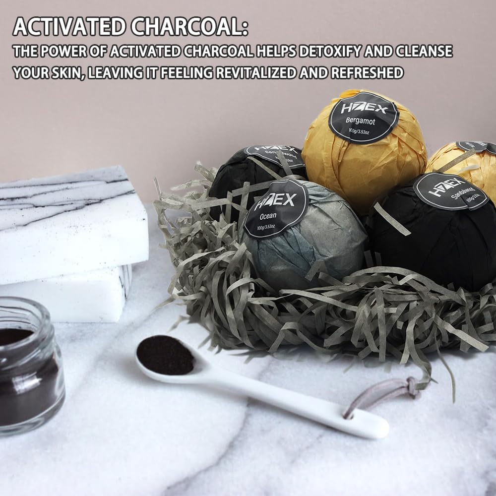 HZEX Charcoal Activated Bath Bombs for Men – Detox with Handmade Organic 6 Pack Bath Bomb Set, up to 3 Scents (Sandalwood, Bergamot, Ocean), Individually Wrapped (Mixed)