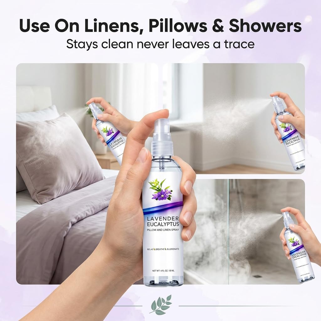Lavender Eucalyptus Pillow and Linen Spray, Home Essential Oil Mist to Relax The Body & Mind, Natural Aromatherapy Sleep Spray, Calming Formula (Lavender Eucalyptus, 4oz)
