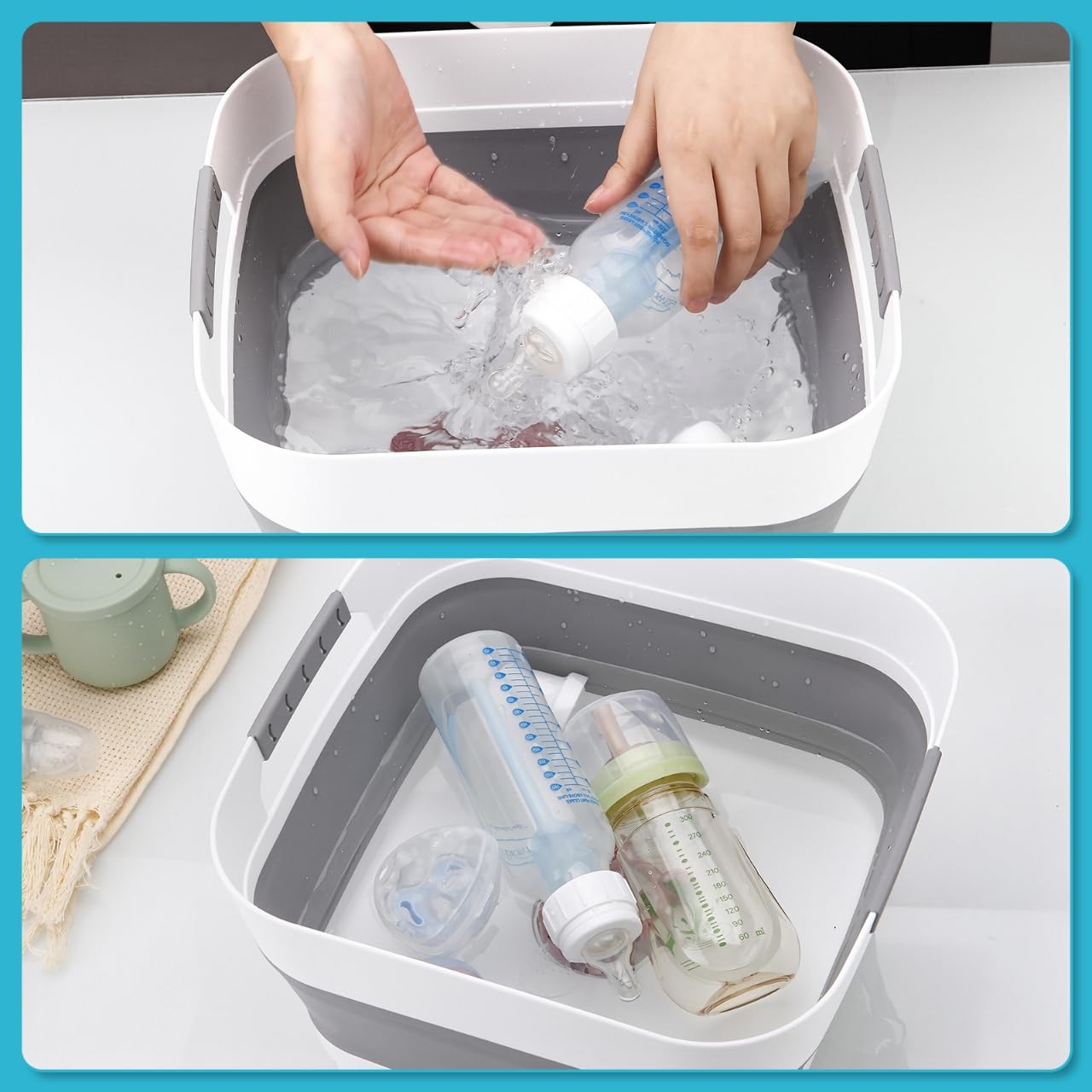 PandaEar Collapsible Baby Bottles Wash Basin, Foldable Wash Tub with Drain Plug for Infant Essentials, Bottles, Breast Pump, Kitchen, Camping, and Travel Use