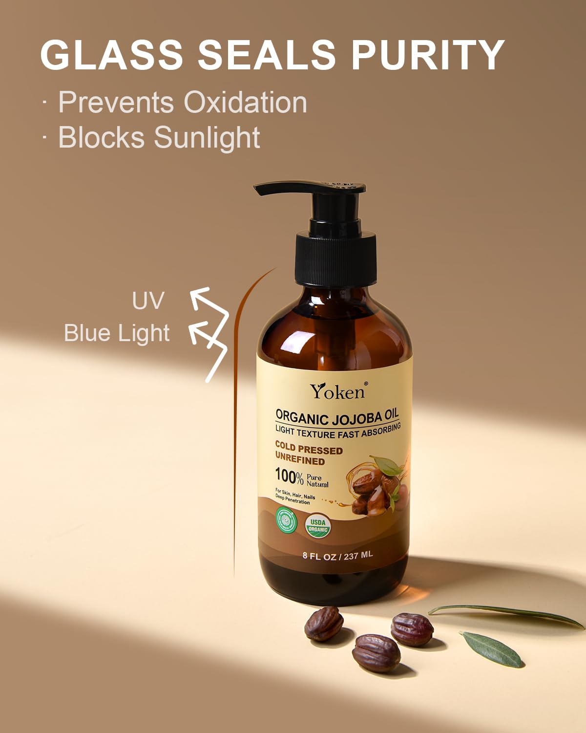 Yoken Organic Jojoba Oil in Glass Bottle 8oz, USDA Organic for Hair &amp; Skin