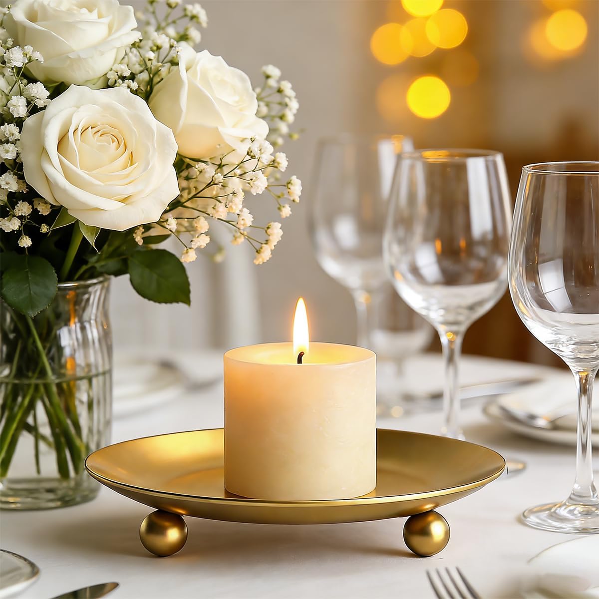 Iron Plate Candle Holders, Gold Candle Tray, Set of 2, Candle Stands Decoration Ideal for Weddings, Parties,Special Events