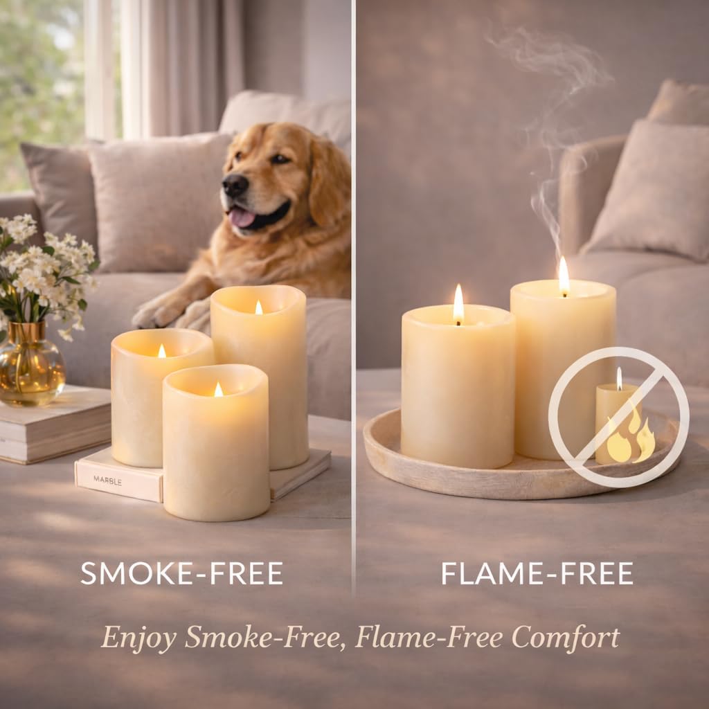 Enido Flameless Candles with Remote, 9 PC Outdoor Waterproof Battery Operated LED Pillar Candles, Flickering Electric Candles with Timer, 3" x 4" 5" 6" for Lantern, Patio, Wedding, Easter