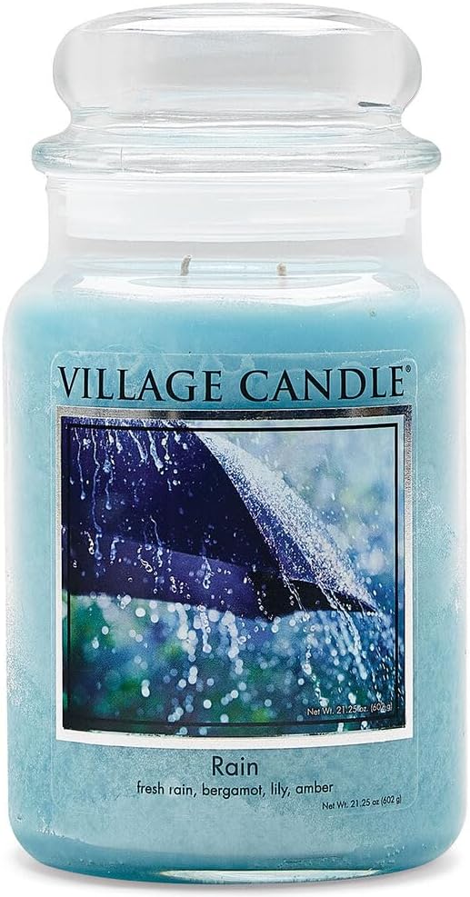 Village Candle Rain Large Glass Apothecary Jar Scented Candle, 21.25 oz, Blue