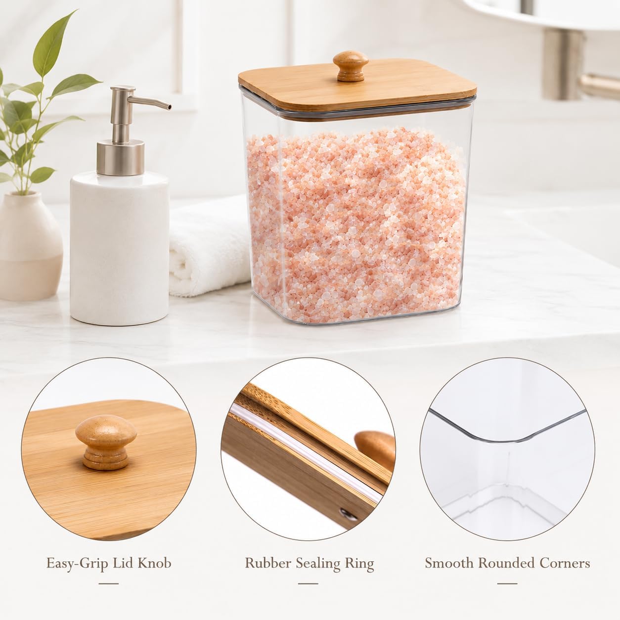 Bath Salt Container,2 Pack Clear Plastic Storage Bathroom Canisters with Wooden Lids & Handle,Airtight Bath Salt Dispenser Jars for Bathroom Organization Accessories,Bathtub Decor Box