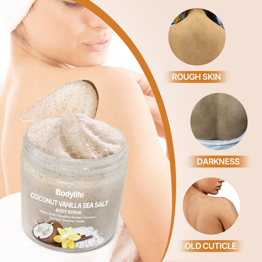 Coconut Vanilla Sea Salt Body Scrub Exfoliating Body Scrub for Body Moisturizing Body Polish Dead Skin Remover Hydrating Shower Bath Body Exfoliator Smooth Soft Skin 10.58 oz
