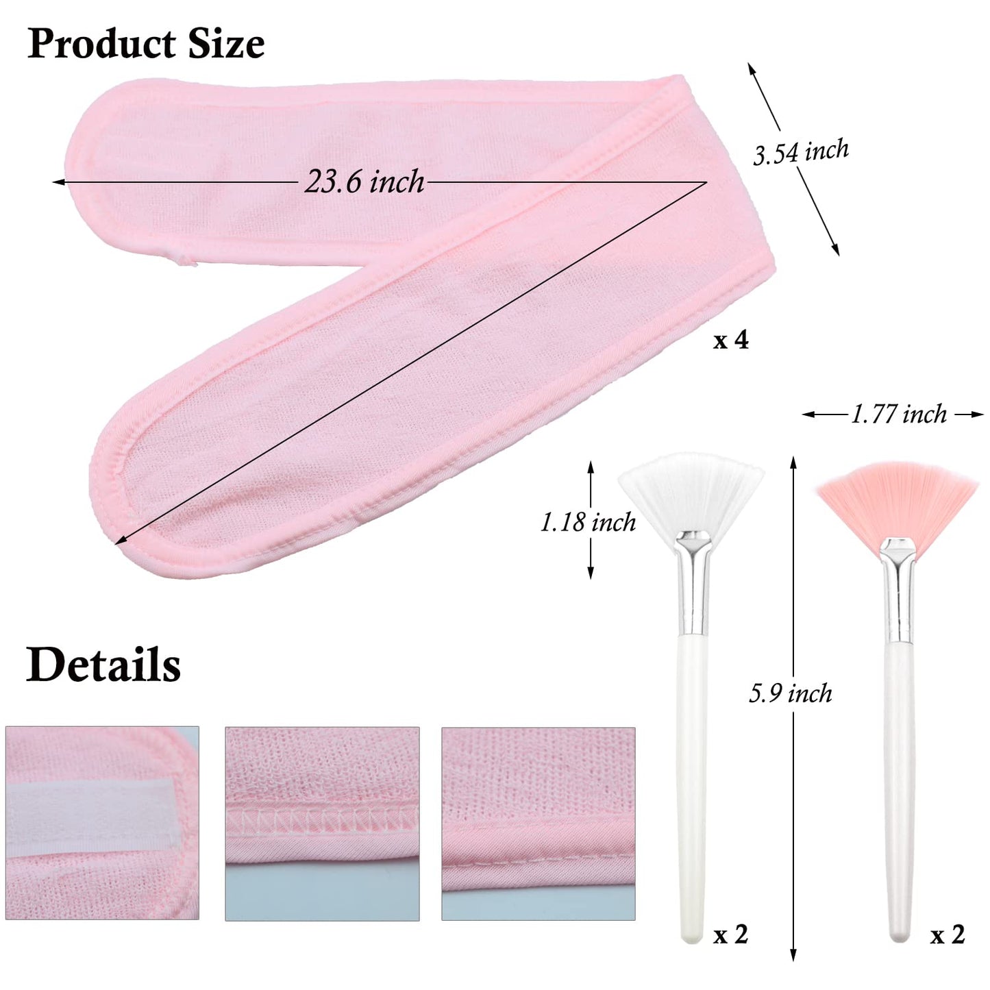 LAPOHI 4 Pack Adjustable Towel Headbands for Washing Face with 4 Pieces Fan Brushes, Facial Mask Brush and Spa Facial Headbands for Women and Grils Skincare Headband for Facial Esthetician Supplies