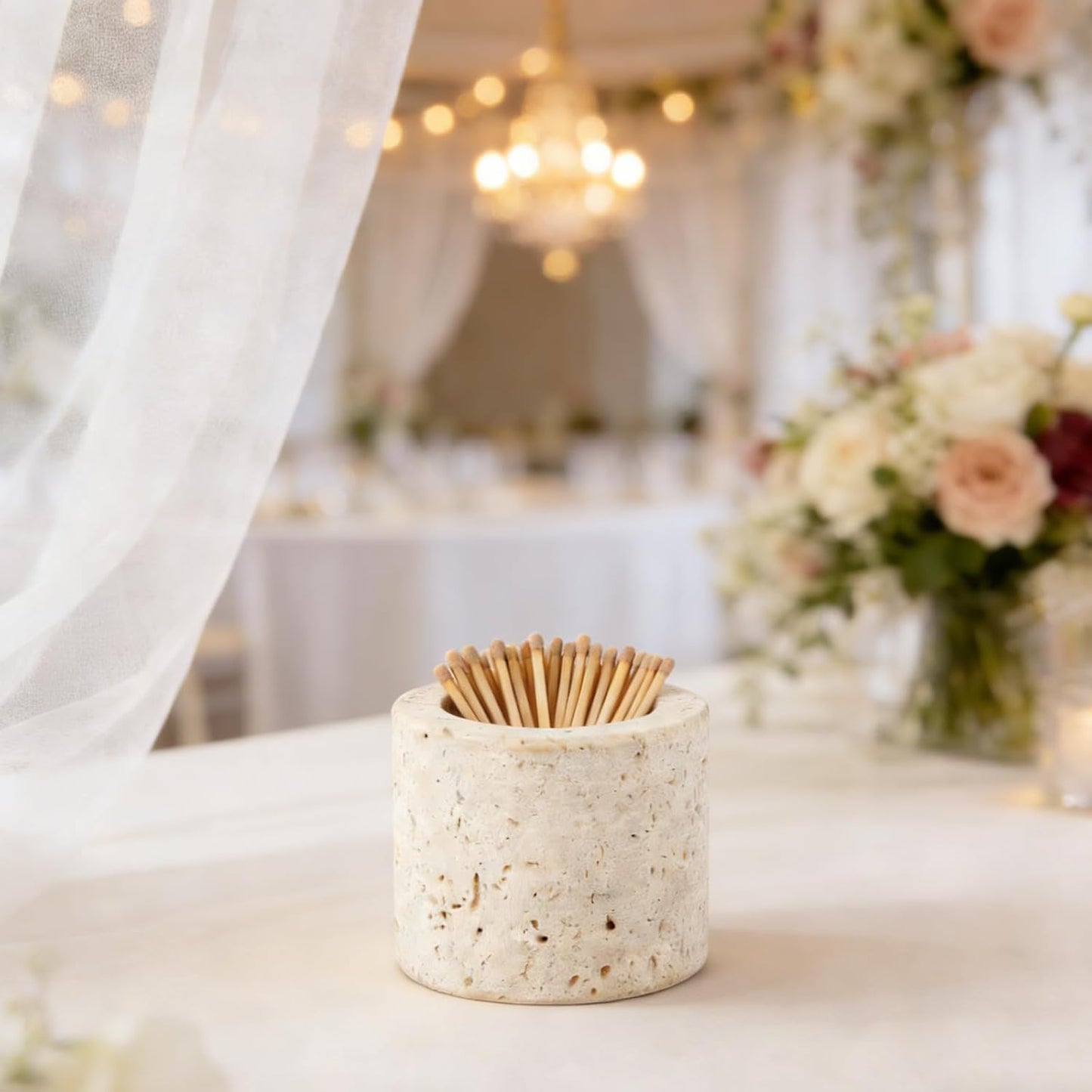 1 Match Holder with 3 Strikers, 2.56x1.97in Travertine Stone Decorative Fireplace Matches Dispenser Matchstick Organizer Cute Candle Jar for Camping Home Parlor Bathroom Kitchen, Matches Not Included