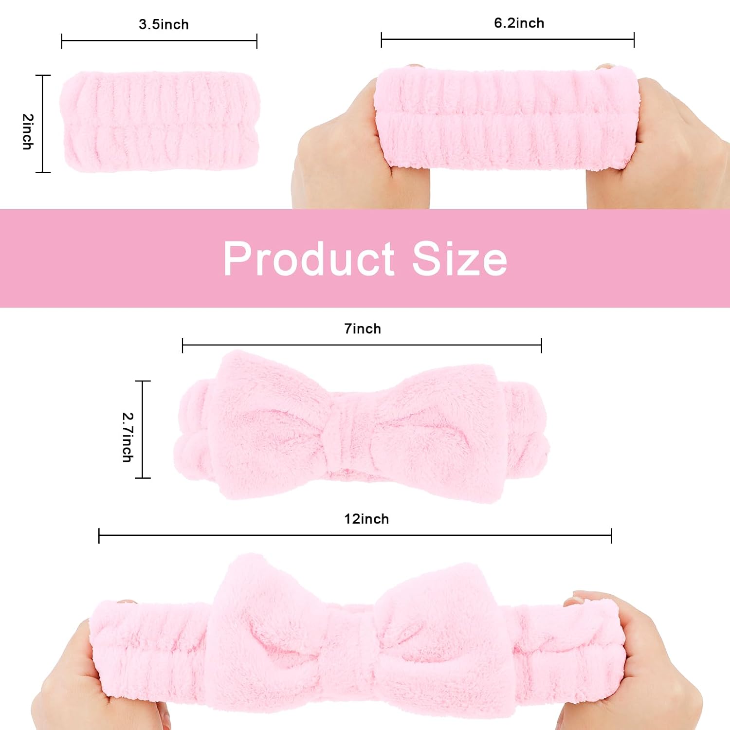 CIEHER 12 PCS Pink Makeup Headband for Women Wrist Washband Scrunchies Cuffs for Washing Face, Soft Bow Hair Band Matching Wristbands, Spa Headband Coral Fleece