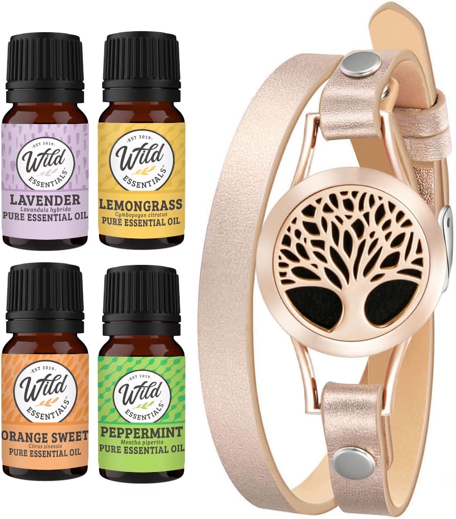Wild Essentials Rose Gold Tree Essential Oil Leather Wrap Bracelet Diffuser, Gift Set, Lavender, Lemongrass, Peppermint, Orange Oils, 12 Pads, Customizable Color Changing Perfume Jewelry, Aromatherapy