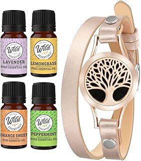 Wild Essentials Rose Gold Tree Essential Oil Leather Wrap Bracelet Diffuser, Gift Set, Lavender, Lemongrass, Peppermint, Orange Oils, 12 Pads, Customizable Color Changing Perfume Jewelry, Aromatherapy