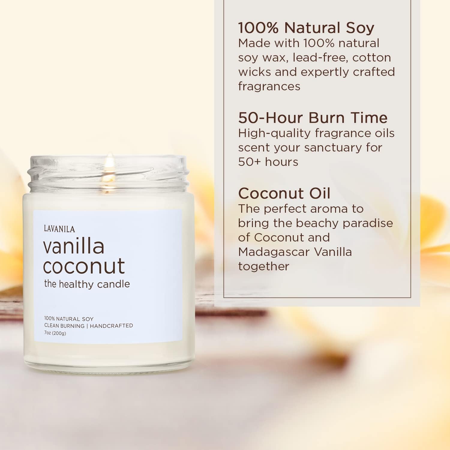 Lavanila Vanilla Coconut Scented Natural Soy Candle (2-Pack) - Handcrafted, Clean Burning 50 Hour Burn Time, 7 oz Each