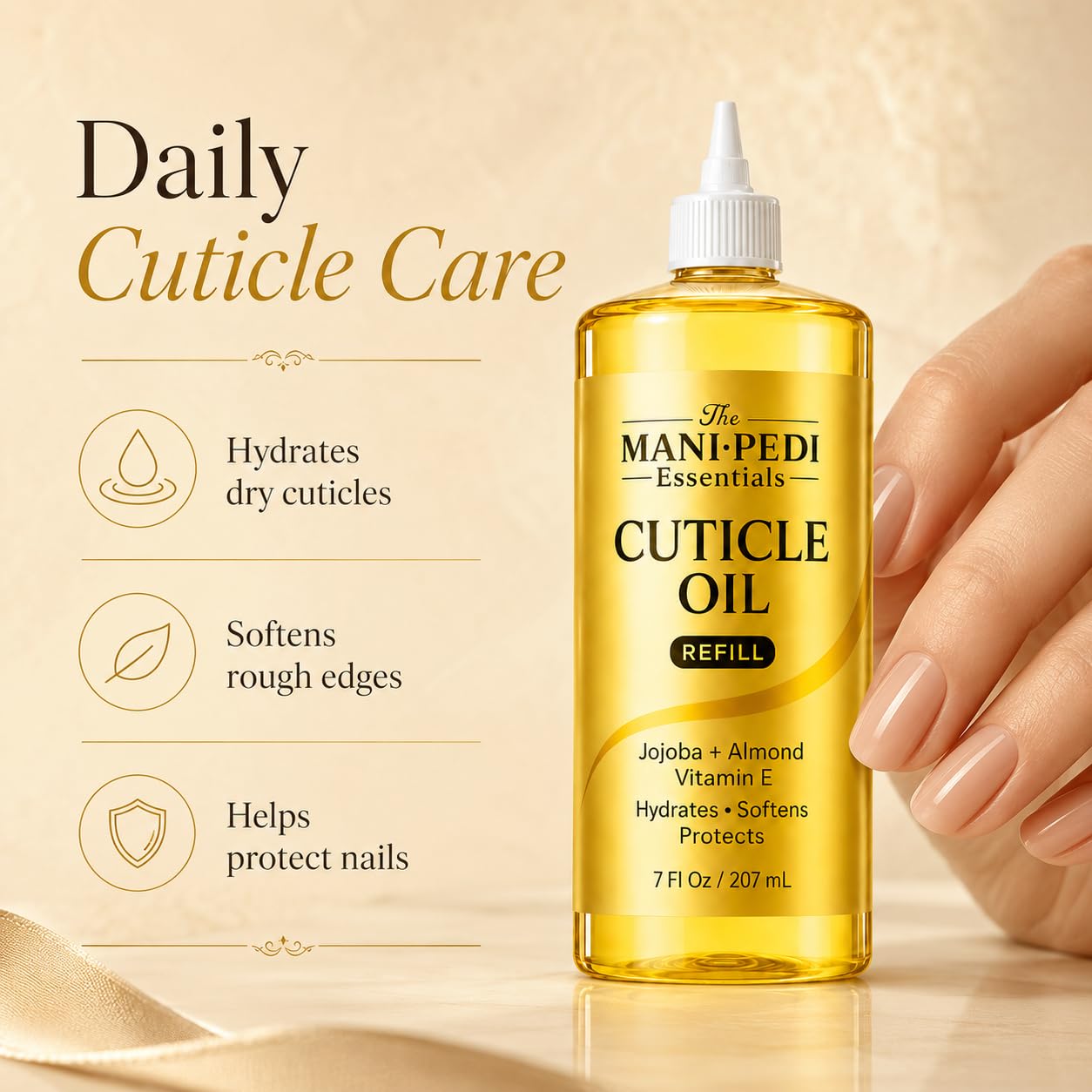 Professional Cuticle Oil Refill/Bulk Pack with precision nozzle for easy refilling - 7 Fl Oz. Enriched with Jojoba Oil, Vitamin E & Sweet Almond Oil. Nail Tech Supplies for Nourished Nails & Cuticles
