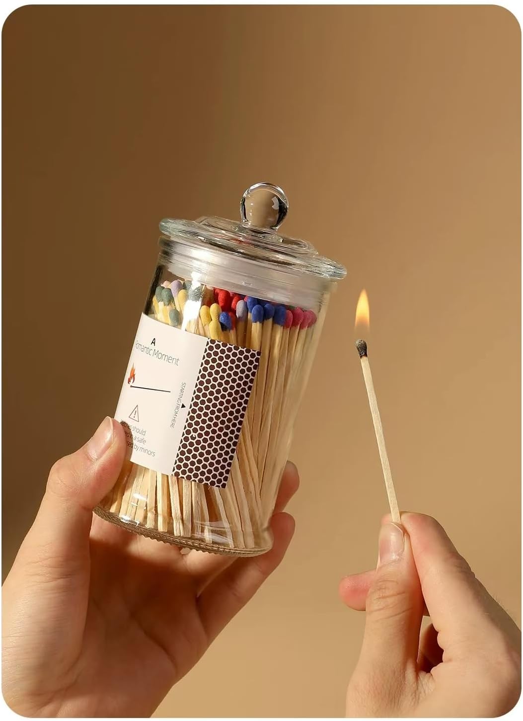 White Matches Included (150 Count 4"). Glass Match Holder with Strikers, Fireplace Matches for BBQ Grill, 150Pcs Long Wooden Safety Match for Candles