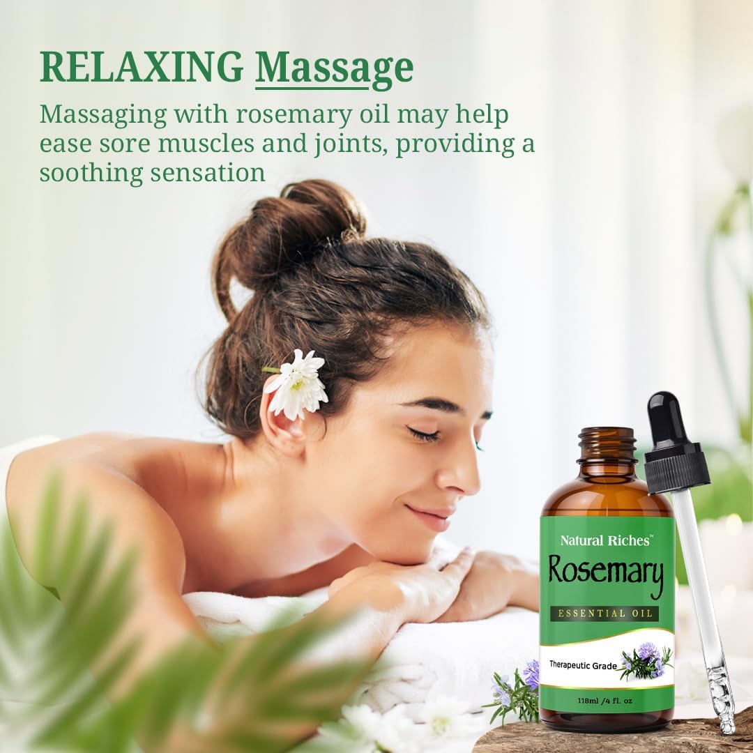 Natural Riches Rosemary Essential Oil | Premium Grade, 100% Natural and Pure Rosemary Oil for Hair Growth Skin, Face, Aromatherapy & Essential Oil for Diffuser | - 4 fl oz