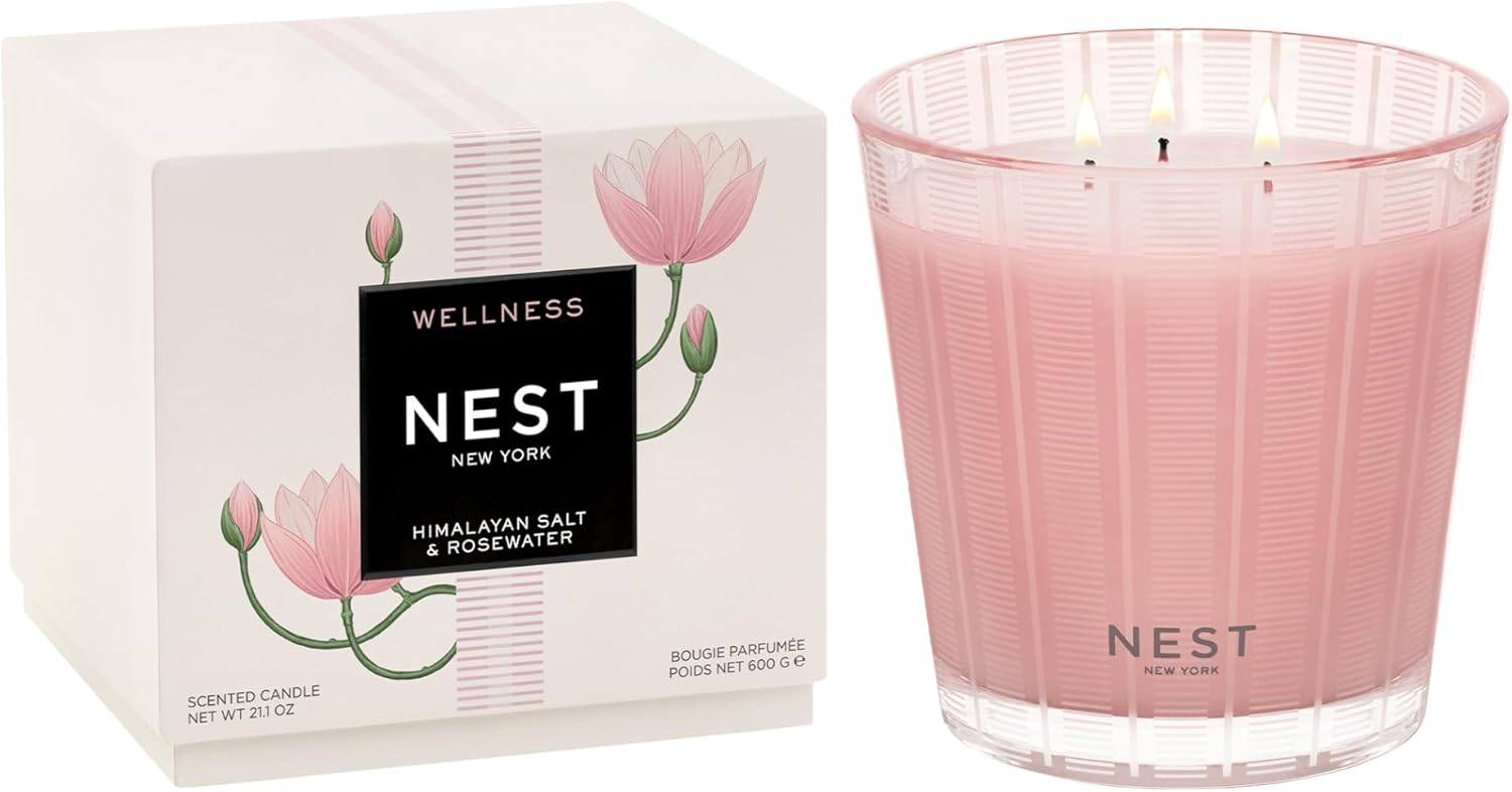 NEST New York Scented 3-Wick Candle, Himalayan Salt & Rosewater - 21.2 oz - Up to 100-Hour Burn Time - Reusable Glass Vessel