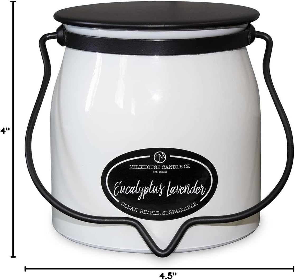 Milkhouse Candle Company Eucalyptus Lavender Soy Candle - Lavender | Eucalyptus | Soft Spice Scented - 16 oz Butter Jar with Lid, 65+ Hour Burn Time, Made in the USA