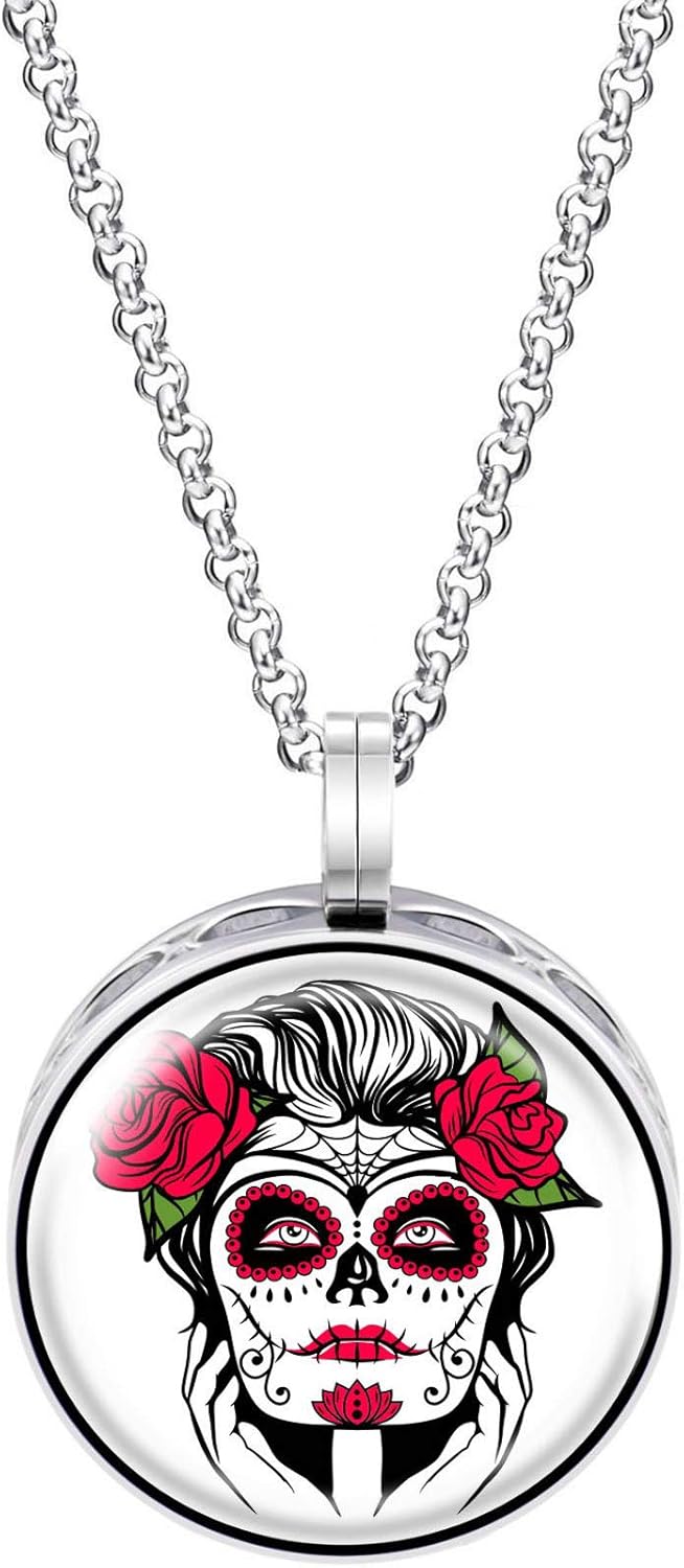 Wild Essentials Sugar Skull Tattoo Necklace Essential Oil Diffuser Kit, Lavender, Lemongrass, Peppermint, Orange Oils, 8 Refill Pads, Calming Aromatherapy Gift Set, Customizable, Perfume
