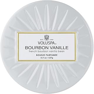 Voluspa Bourbon Vanille, Mini Tin Candle, 4 oz, 25 Hour Burn Time, Coconut Wax for Clean Burning, Handcrafted in the USA