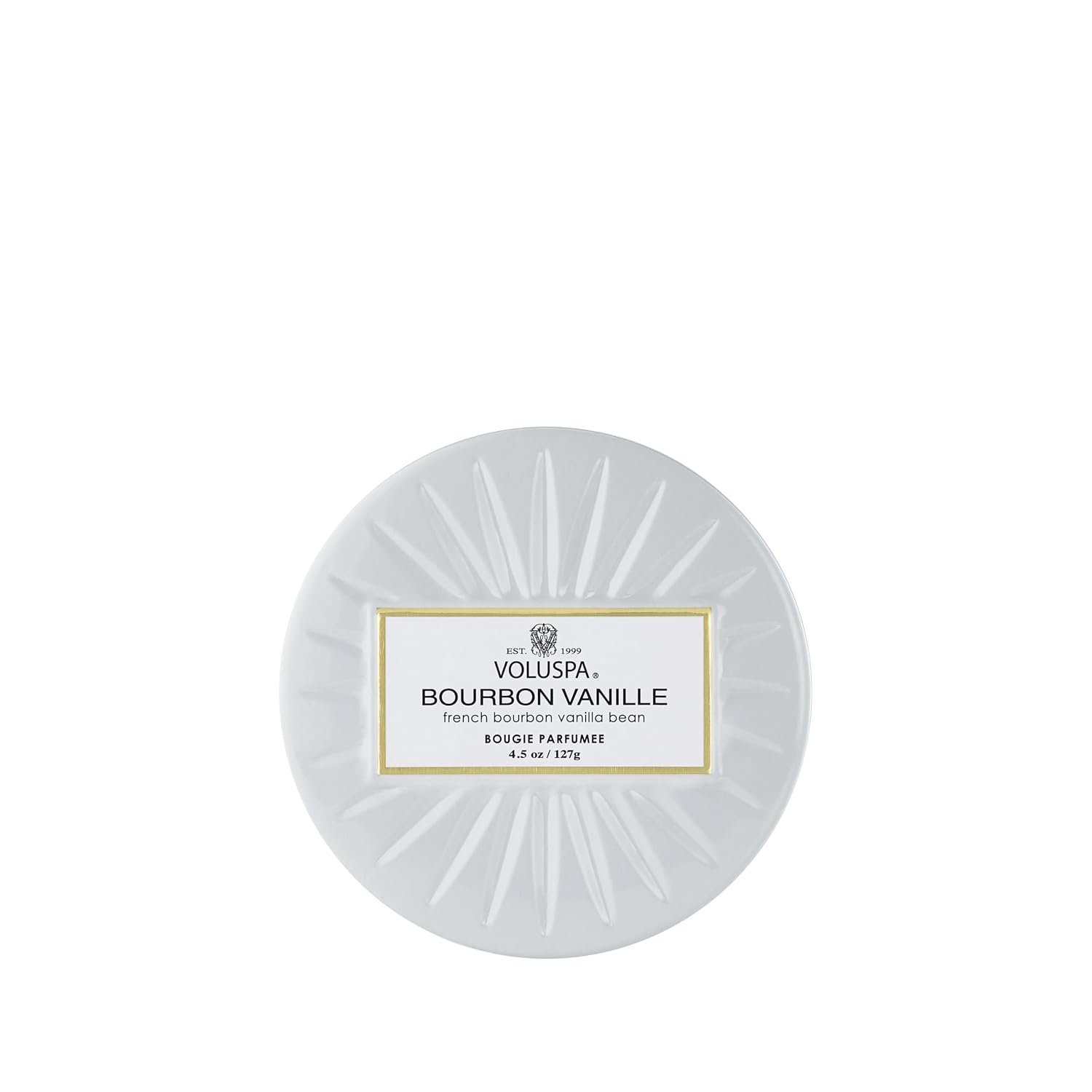 Voluspa Bourbon Vanille, Mini Tin Candle, 4 oz, 25 Hour Burn Time, Coconut Wax for Clean Burning, Handcrafted in the USA