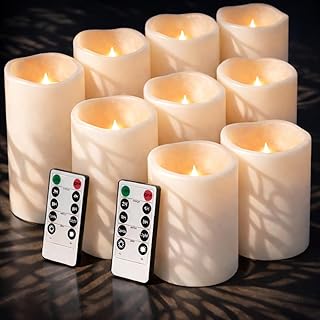 Enido Flameless Candles with Remote, 9 PC Outdoor Waterproof Battery Operated LED Pillar Candles, Flickering Electric Candles with Timer, 3" x 4" 5" 6" for Lantern, Patio, Wedding, Easter