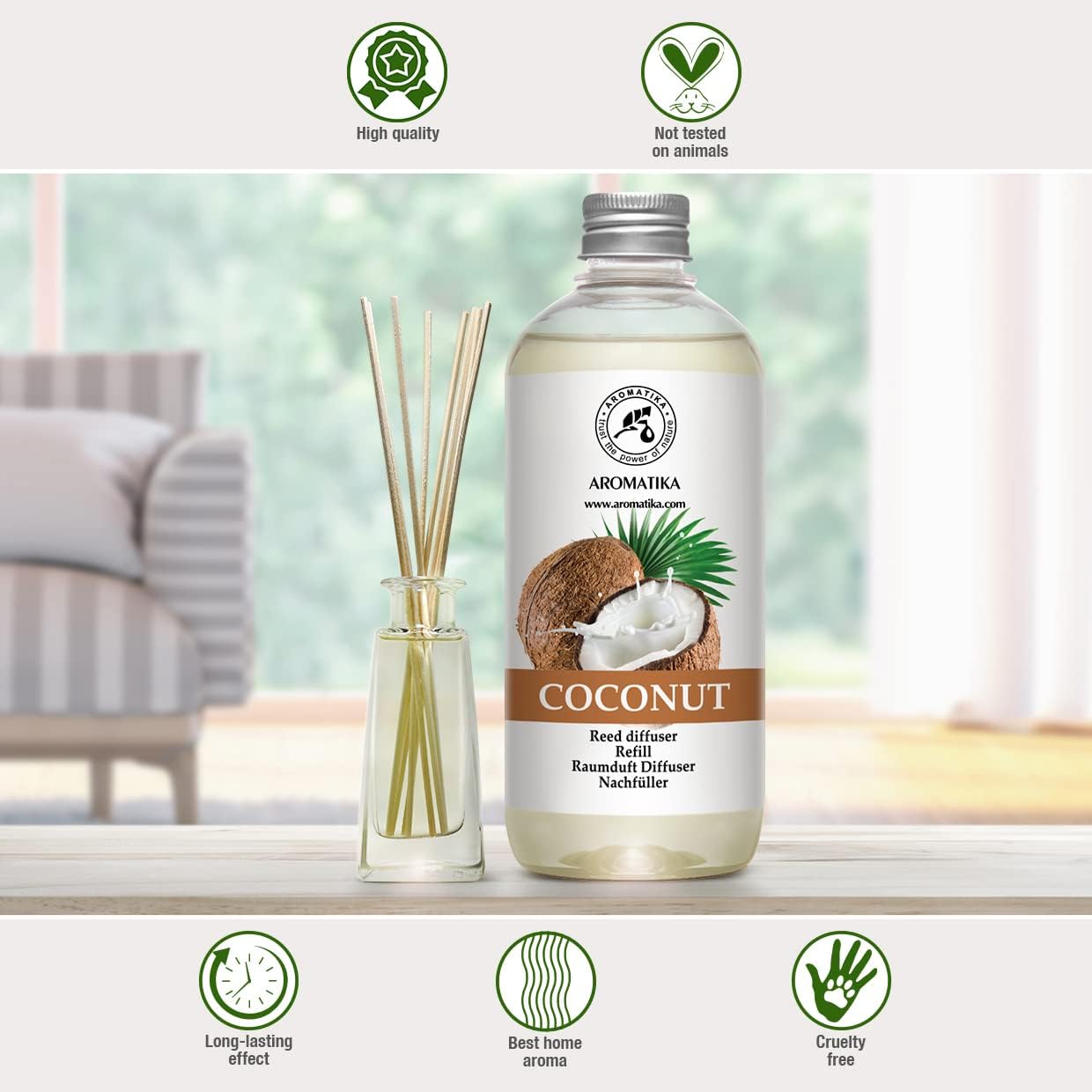 Reed Diffuser Refill Coconut 17 Fl Oz - Room Diffuser Refill - Home Fragrance - Air Freshener - Scented Diffuser - Coconut Aroma - Room Fragrance - Coconut Scented Diffuser