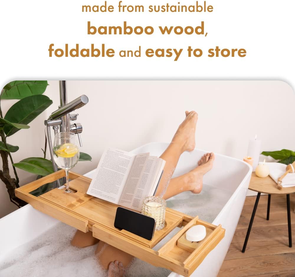 TranquilBeauty Premium Bath Caddy | Bath Board with iPad, Tablet, and Phone Stand | Extendable Wooden Tray Bath Rack