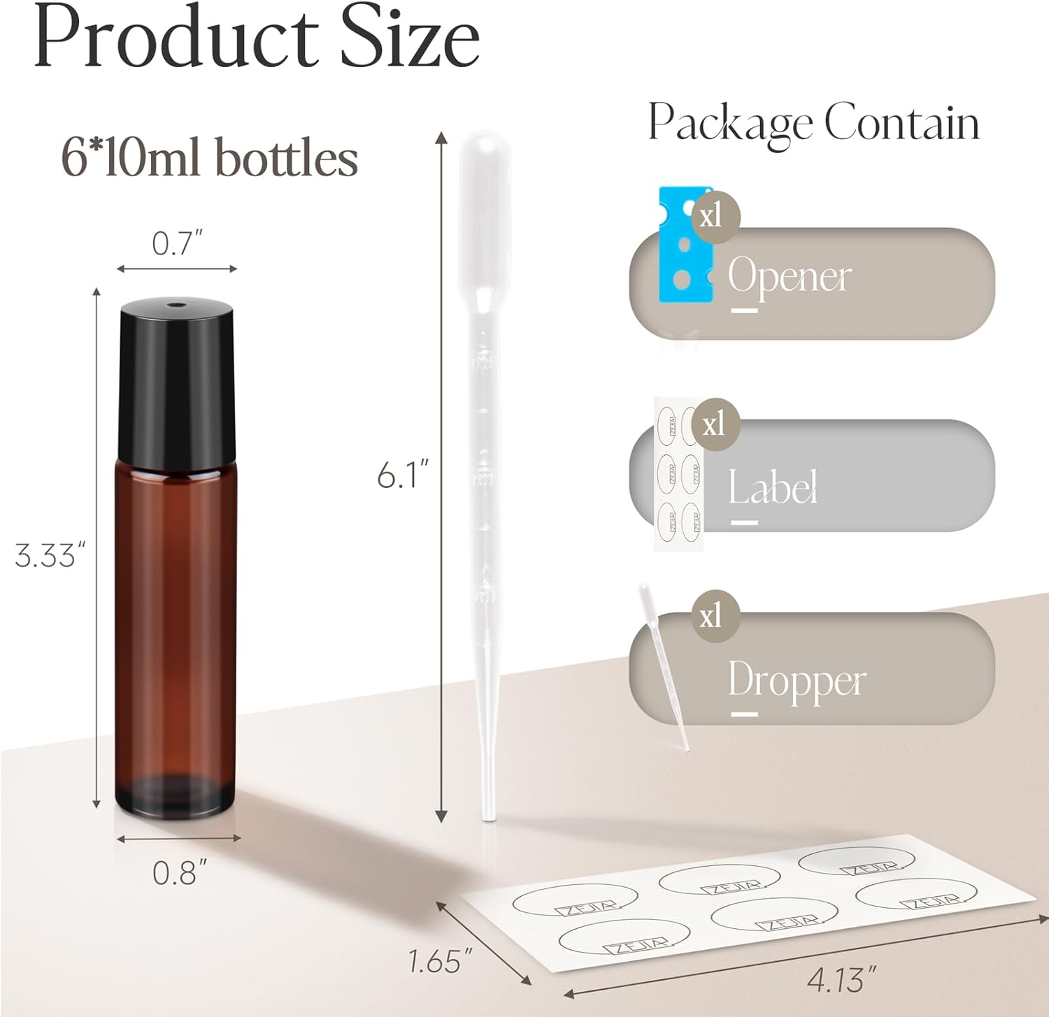 10ml Roller Bottles for Essential Oils, 6 Pack Glass Roll on Bottles, Refillable Perfume Bottle, with Stainless Steel Roller Balls, 2 Droppers, 1 Opener, Labels(Amber)